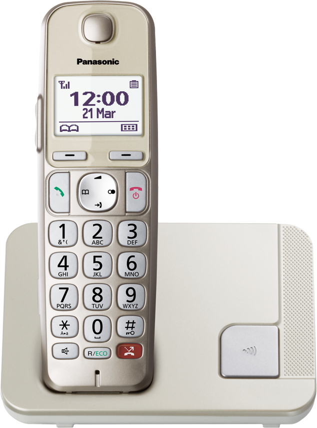 Beige schnurloses Telefon mit Basis. Anzeige zeigt Uhrzeit und Datum. Tasten und Zahlen.