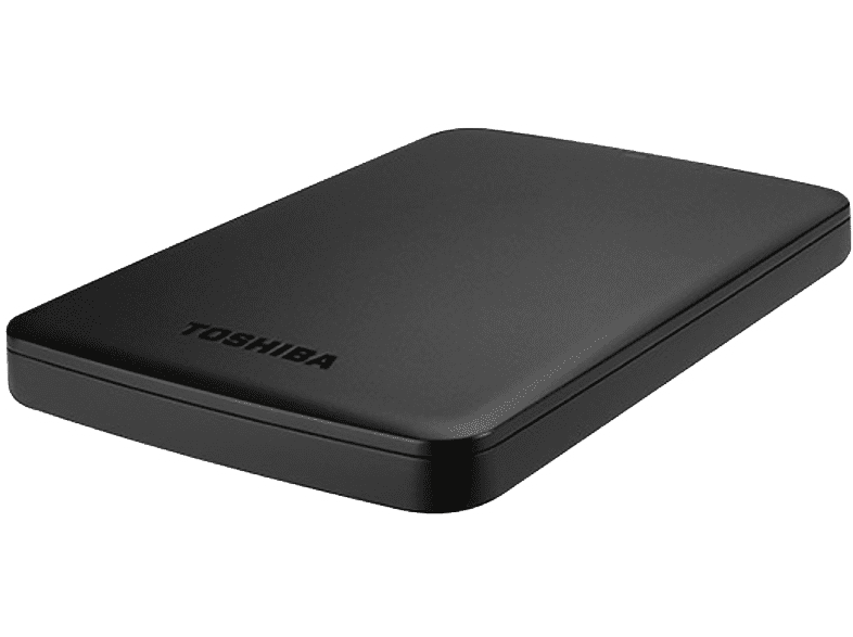 Un disco duro externo Toshiba negro y rectangular. La superficie es lisa y reflectante.