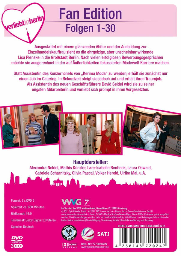 Rückseite einer DVD-Hülle mit Text und Bildern aus der Serie 'Verliebt in Berlin'.