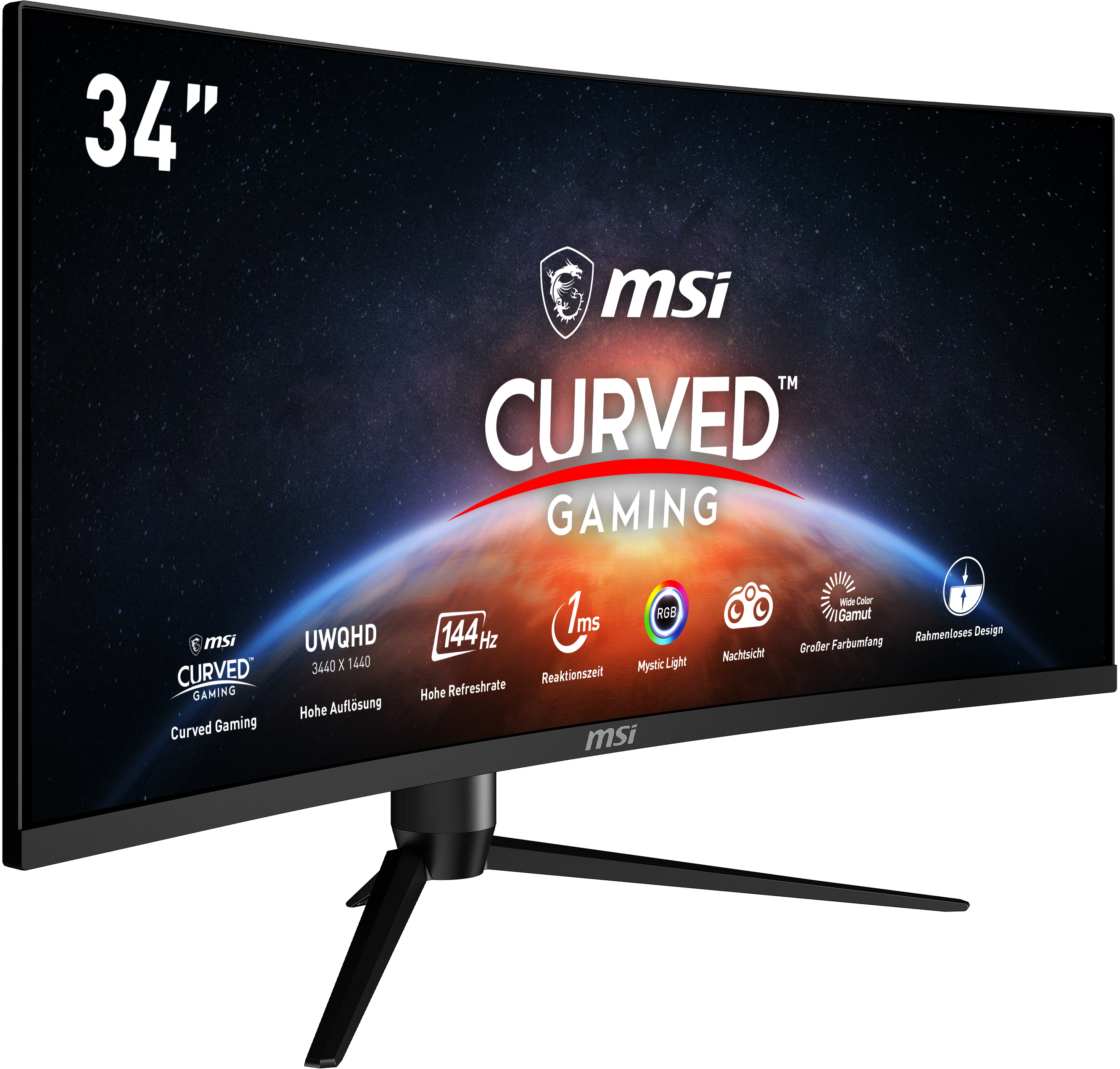 Gekrümmter Gaming-Monitor mit Text und Grafiken. Schwarzer Rahmen, schwarzer Ständer. Galaxieszene.