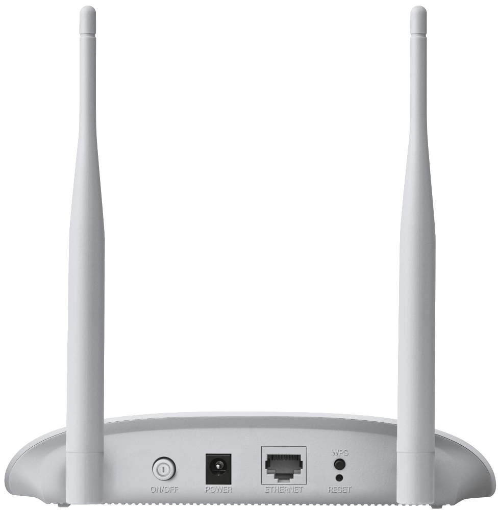 Egy fehér vezeték nélküli router hátulnézete két antennával és portokkal.