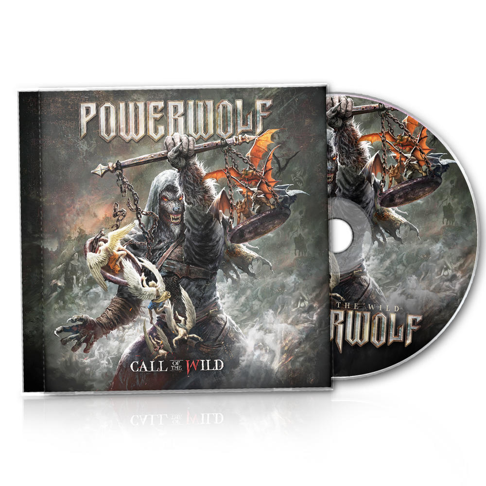 CD-Cover für Powerwolfs 'Call of the Wild'. Artwork zeigt ein Monster mit einer Waffe und Fledermäusen, CD sichtbar.