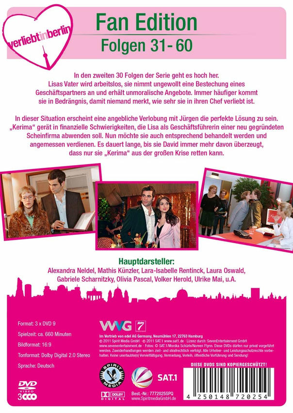 Rückseite einer DVD-Hülle mit deutschem Text und Bildern aus der Serie Verliebt in Berlin.