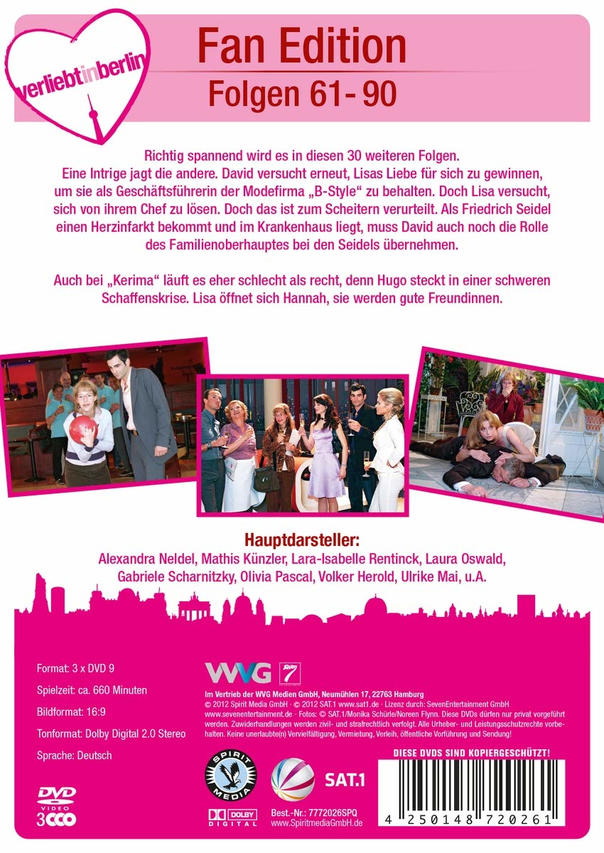 DVD-Cover mit Text, Fotos der Darsteller und einem rosa Hintergrund, der 'Verliebt in Berlin' bewirbt.