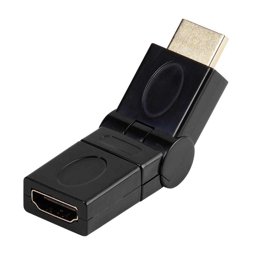 Schwarzer HDMI-Adapter mit goldfarbenem Stecker, abgewinkelt. Weißer Hintergrund.
