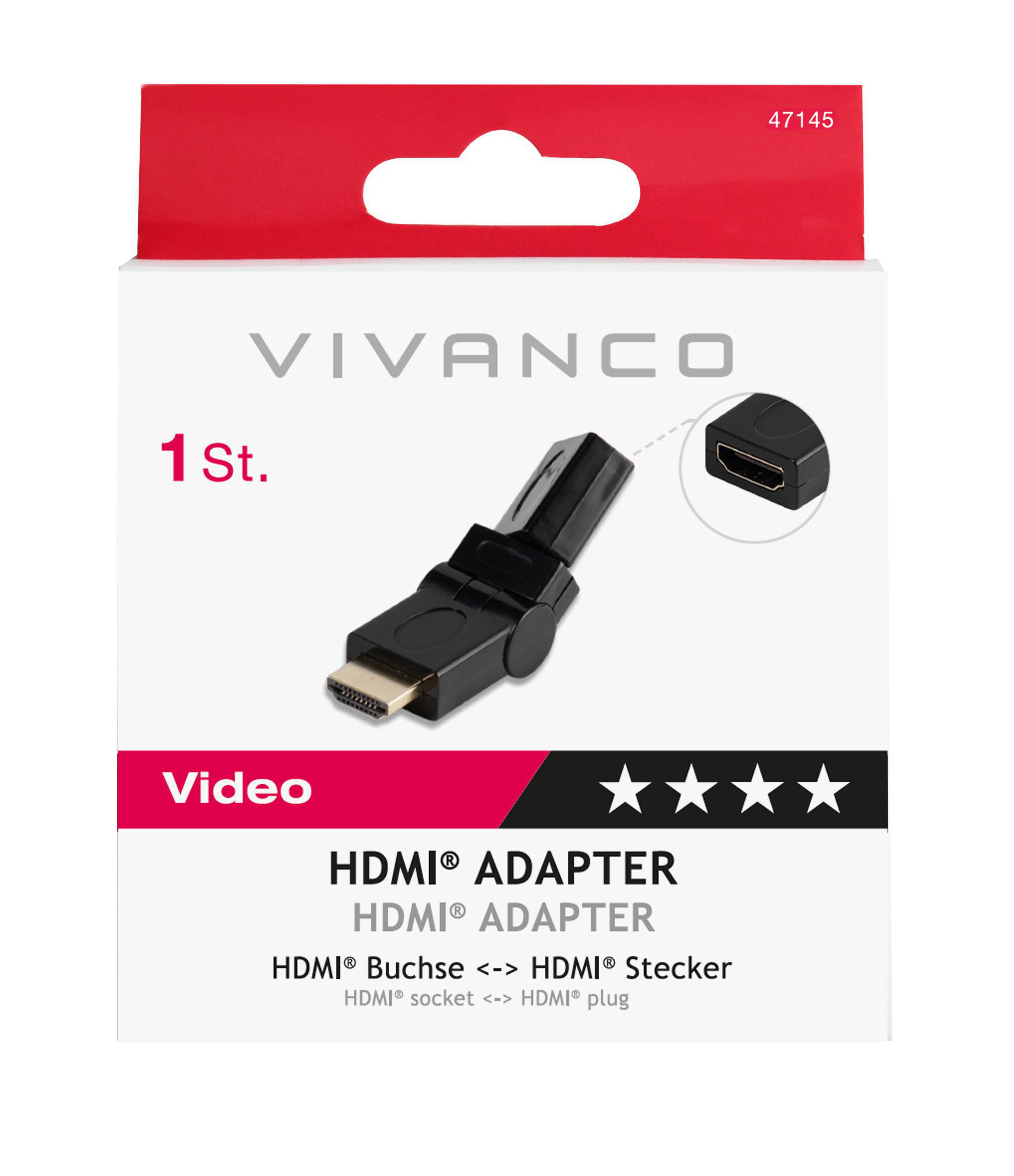 Ein Vivanco HDMI-Adapter in einer rot-weißen Box, abgewinkelt auf weißem Hintergrund.