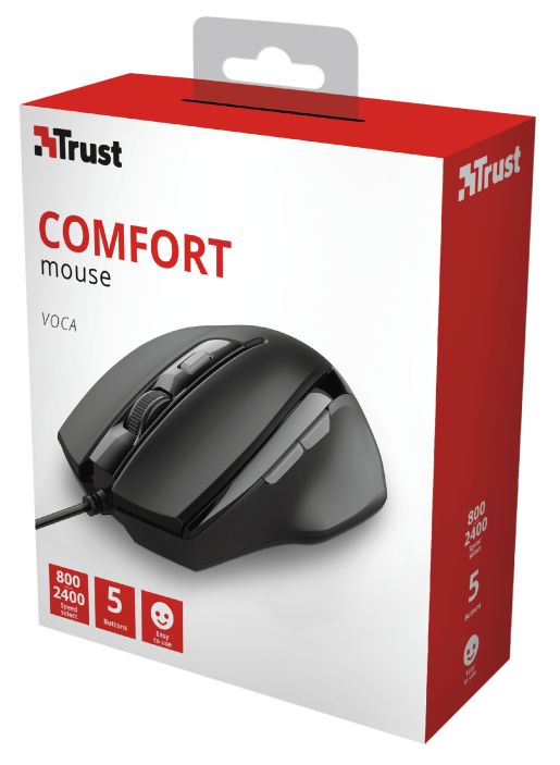Egy fekete számítógépes egér a dobozában van, melyen a 'COMFORT mouse' felirat látható.