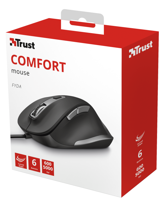 Egy fekete, fehér és piros Trust Comfort egér doboza.