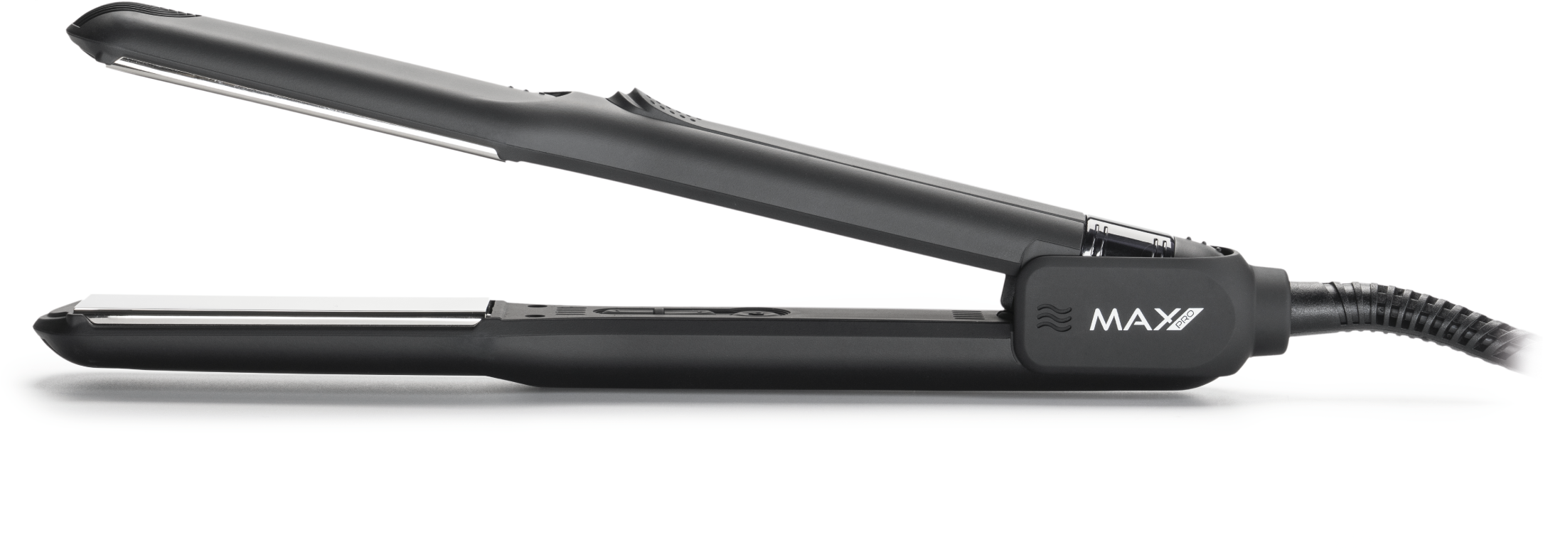 A black hair straightener is open. The background is white.
