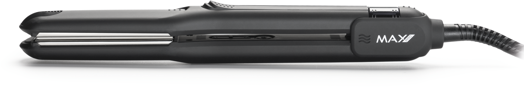 Black hair straightener. It is closed and lying horizontally, with the MAXI logo on the side.