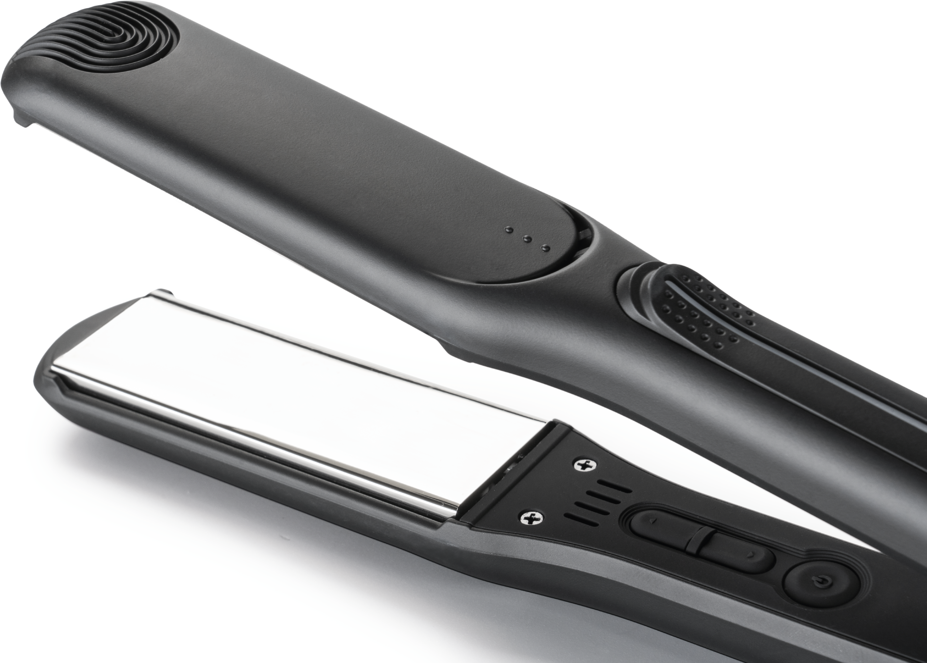 Black hair straightener, open. Silver plates. White background.