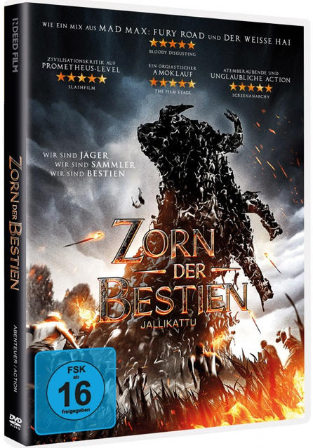 Eine DVD-Hülle hat in der Mitte eine schwarze Kreatur. Der Titel ist orange und der Hintergrund rauchig.