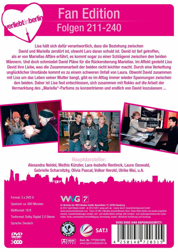 Rückseite einer DVD-Hülle für 'Verliebt in Berlin'. Zeigt die Besetzung und andere Details.