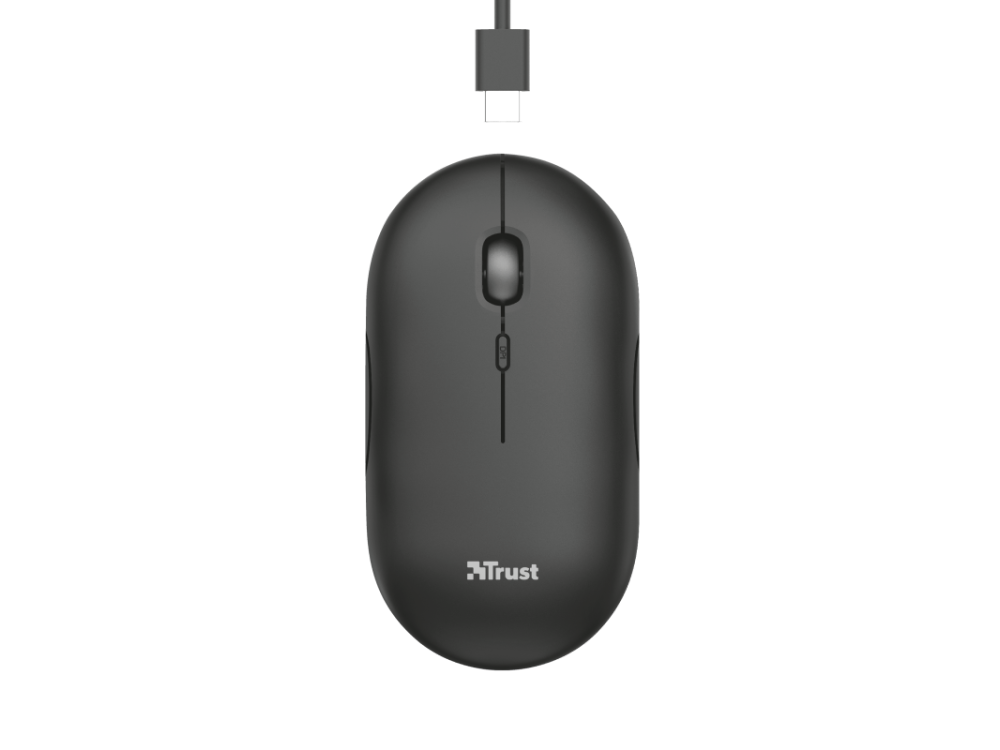Un ratón Trust negro con conector USB-C. El ratón tiene un diseño sencillo y redondeado.