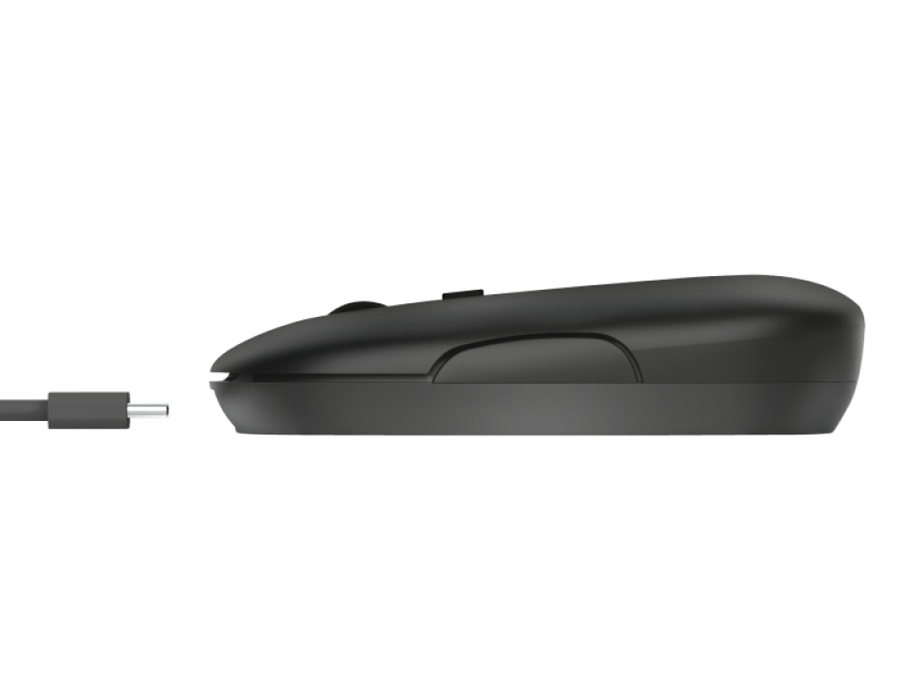 Un ratón negro con un cable USB-C que se extiende hacia la izquierda, sobre un fondo negro sólido.