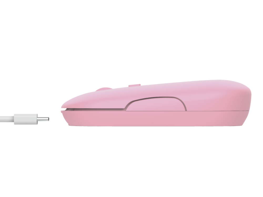 Ratón inalámbrico rosa con un cable USB-C blanco.
