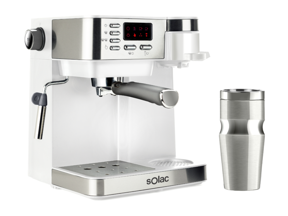 Máquina de espresso blanca y plateada con un termo plateado al lado. Botones y pantalla son visibles.