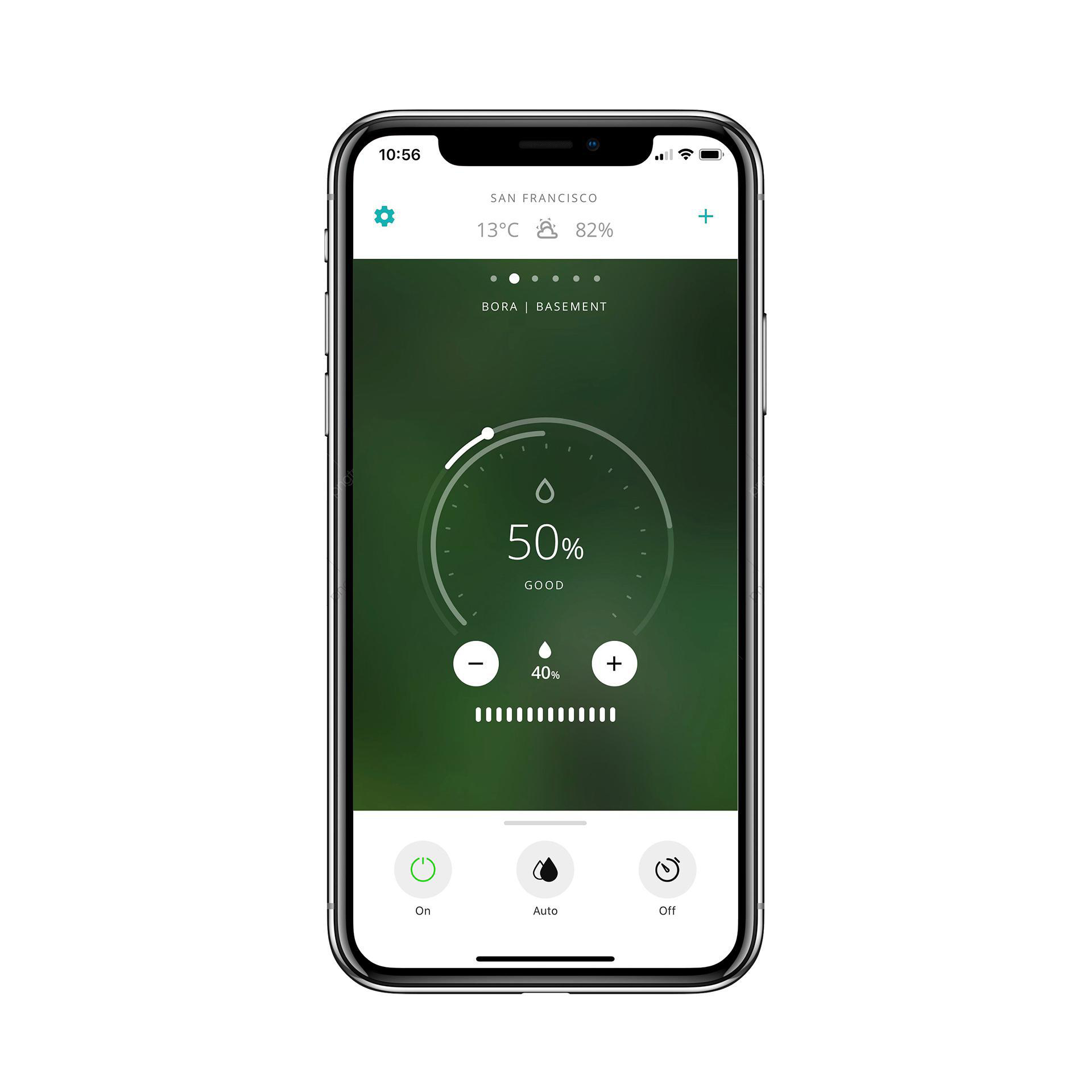 Ein Smartphone-Bildschirm zeigt eine Luftfeuchtigkeits-App mit 50% Luftfeuchtigkeit und anderen Daten.