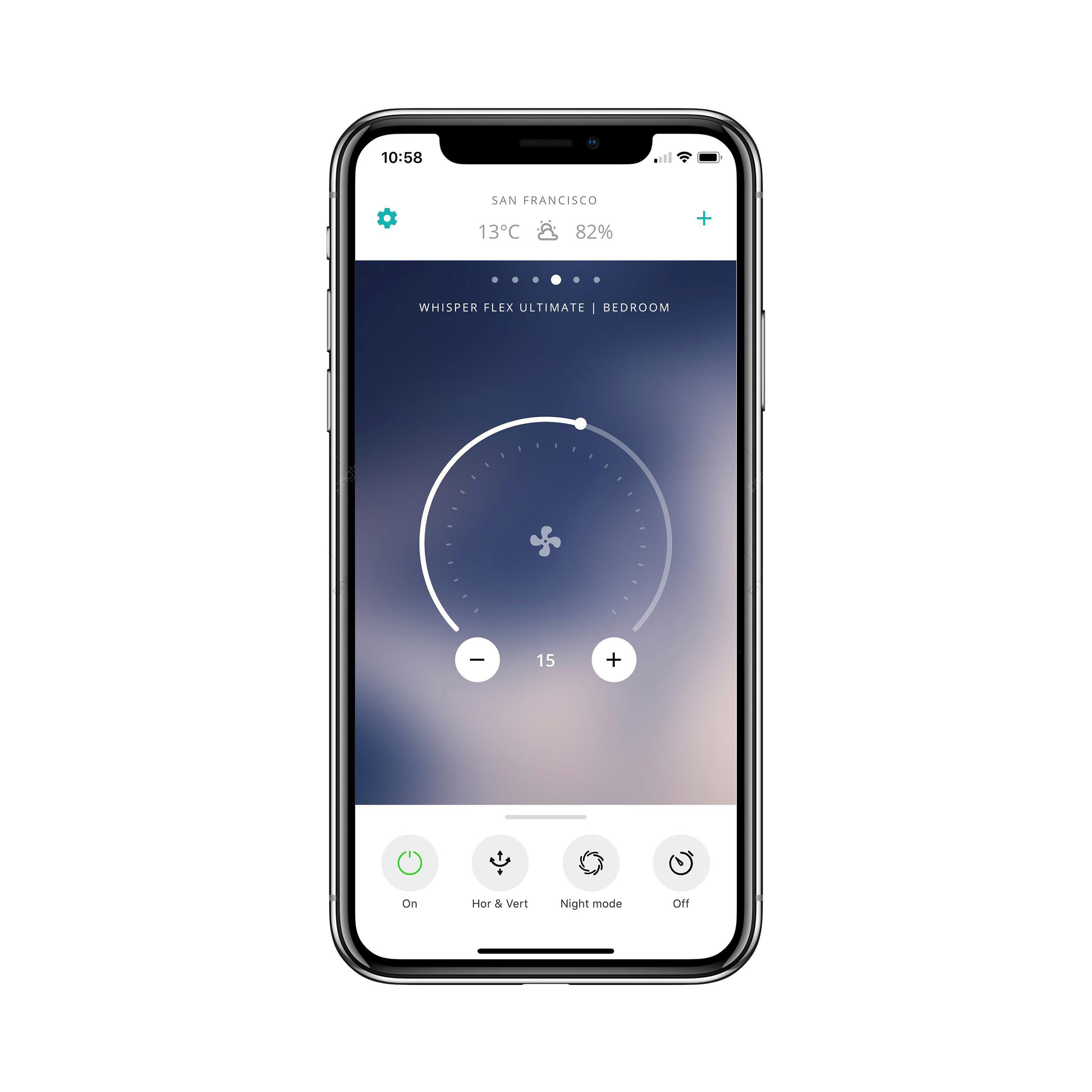 Smartphone-Bildschirm zeigt eine Lüftersteuerungs-App. Zeigt Einstellungen für Geschwindigkeit, Modus und Timer.