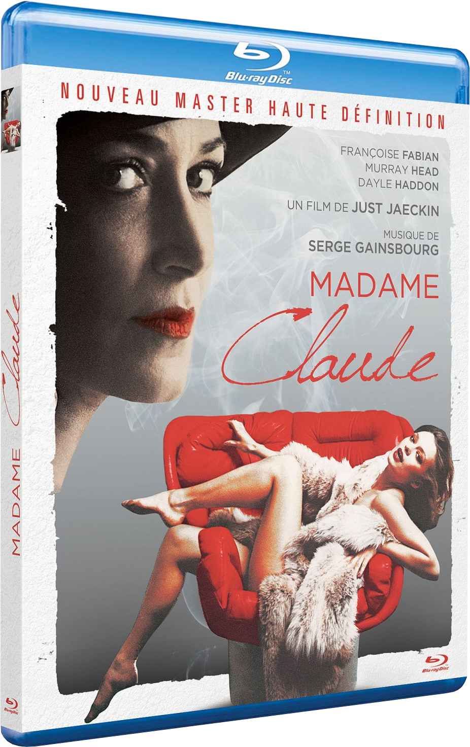 Blu-ray cover van 'Madame Claude' met een vrouw op een rode stoel en het profiel van een andere vrouw.