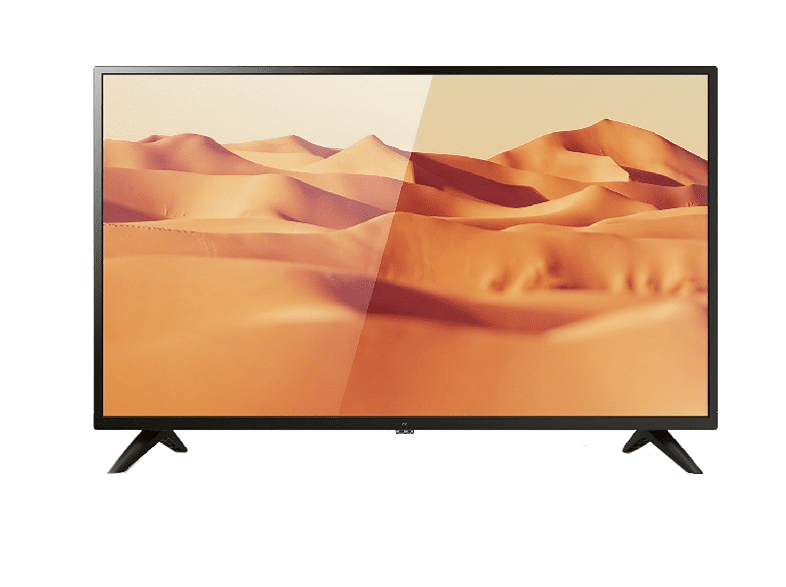 Televisor de pantalla ancha con un paisaje desértico en la pantalla.