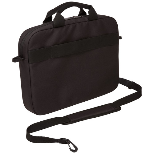 Fekete laptop táska vállpánttal és fogantyúval. Fehér háttér.