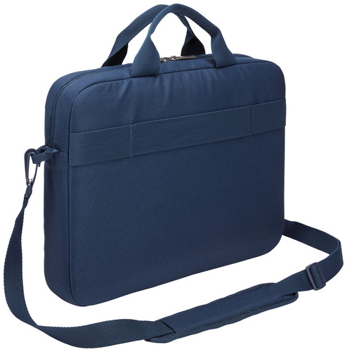 Egy sötétkék laptop táska vállpánttal és két fogantyúval. Van rajta egy cipzár.