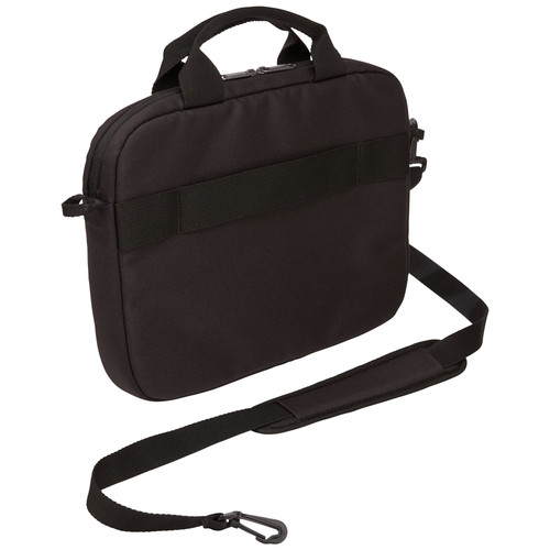 Fekete laptop táska vállpánttal és fogantyúval.