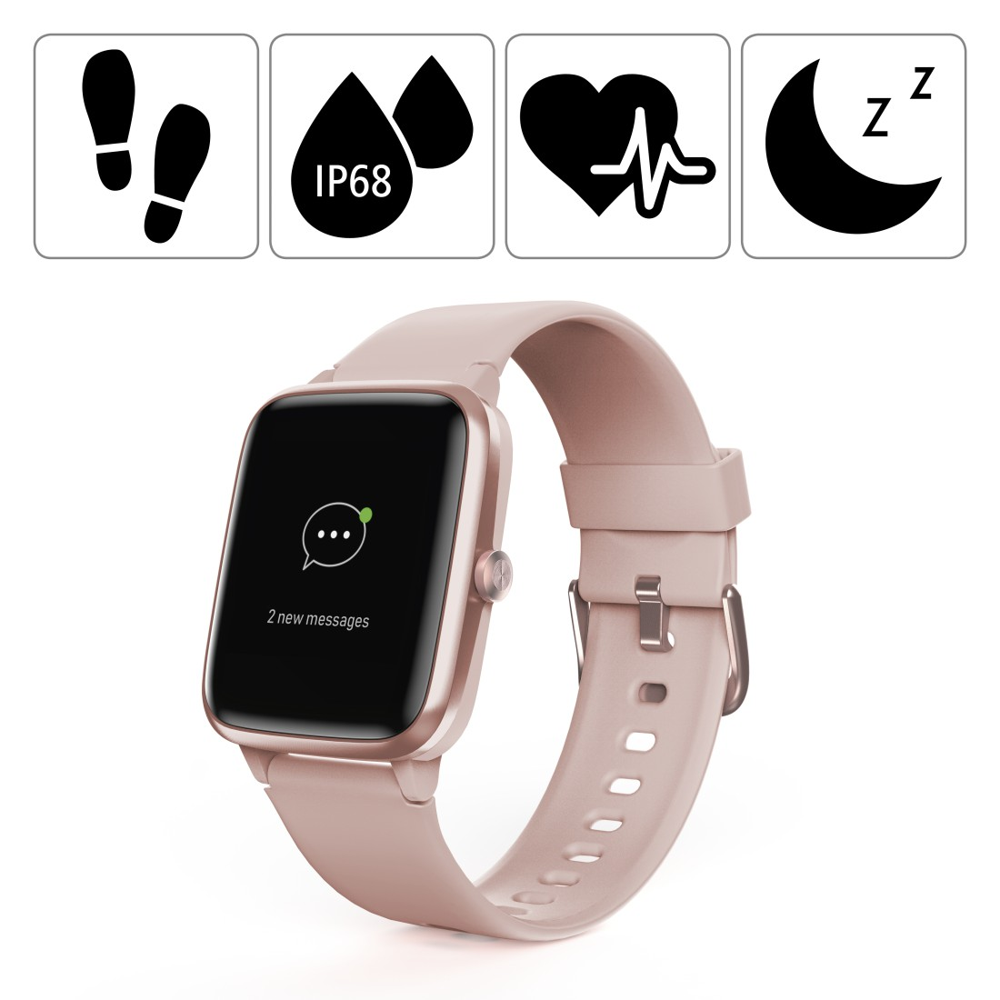 Rosa Smartwatch mit Symbolen für Schritte, Wasserdichtigkeit, Herzfrequenz und Schlaf.