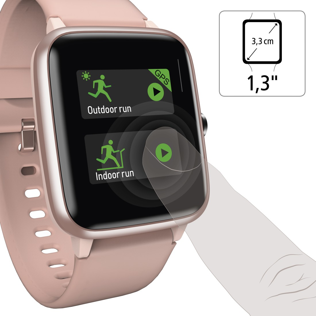 Eine rosa Smartwatch mit Touchscreen. Zeigt Optionen für Outdoor- und Indoor-Lauf. Weiße Hand berührt.