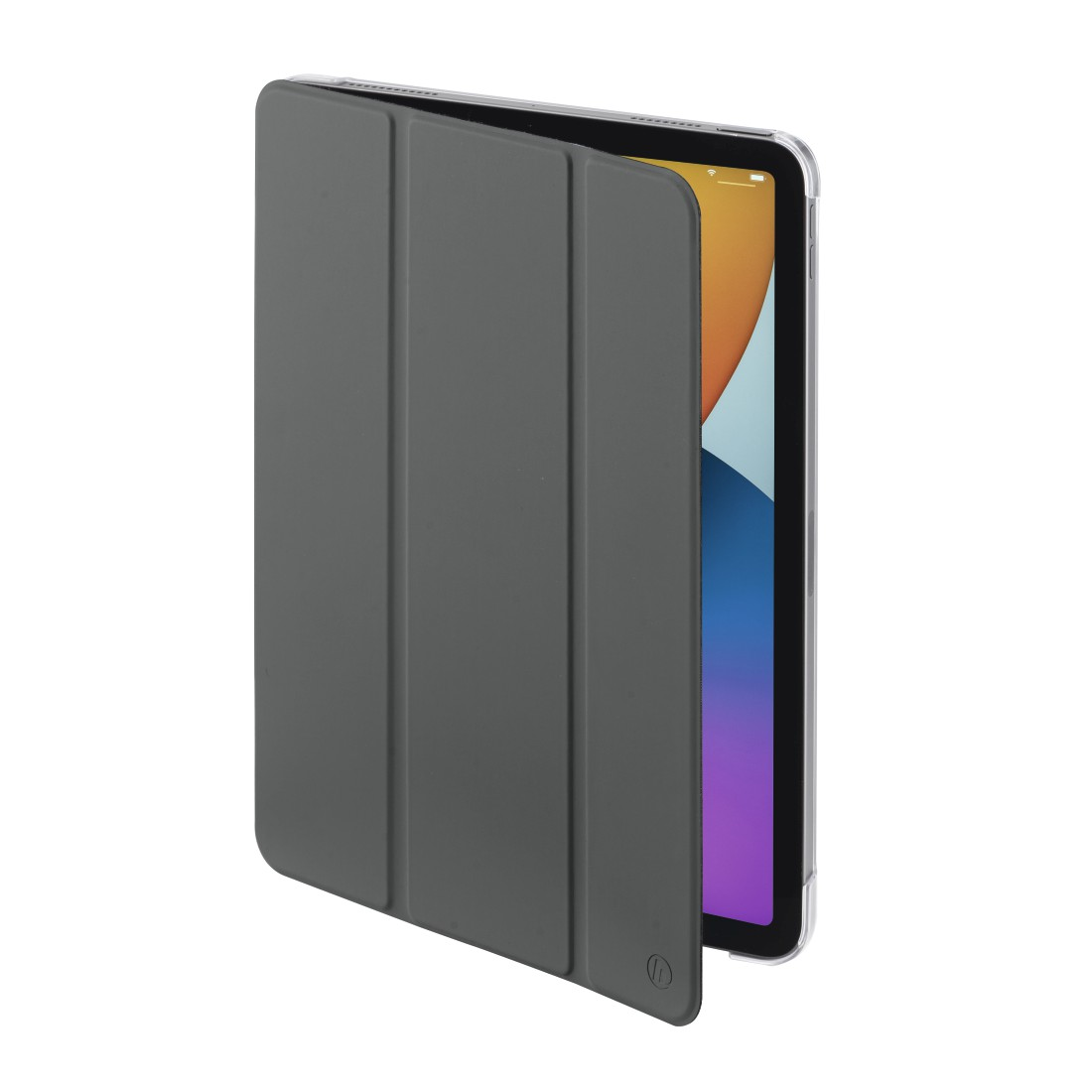 Eine graue Tablet-Hülle wird gezeigt, teilweise geöffnet, wodurch ein Tablet sichtbar wird.