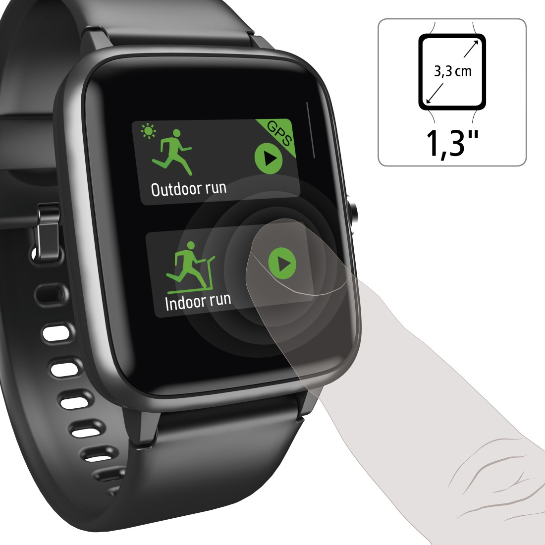Eine schwarze Smartwatch, die Laufoptionen anzeigt, mit einem Finger, der den Bildschirm berührt.