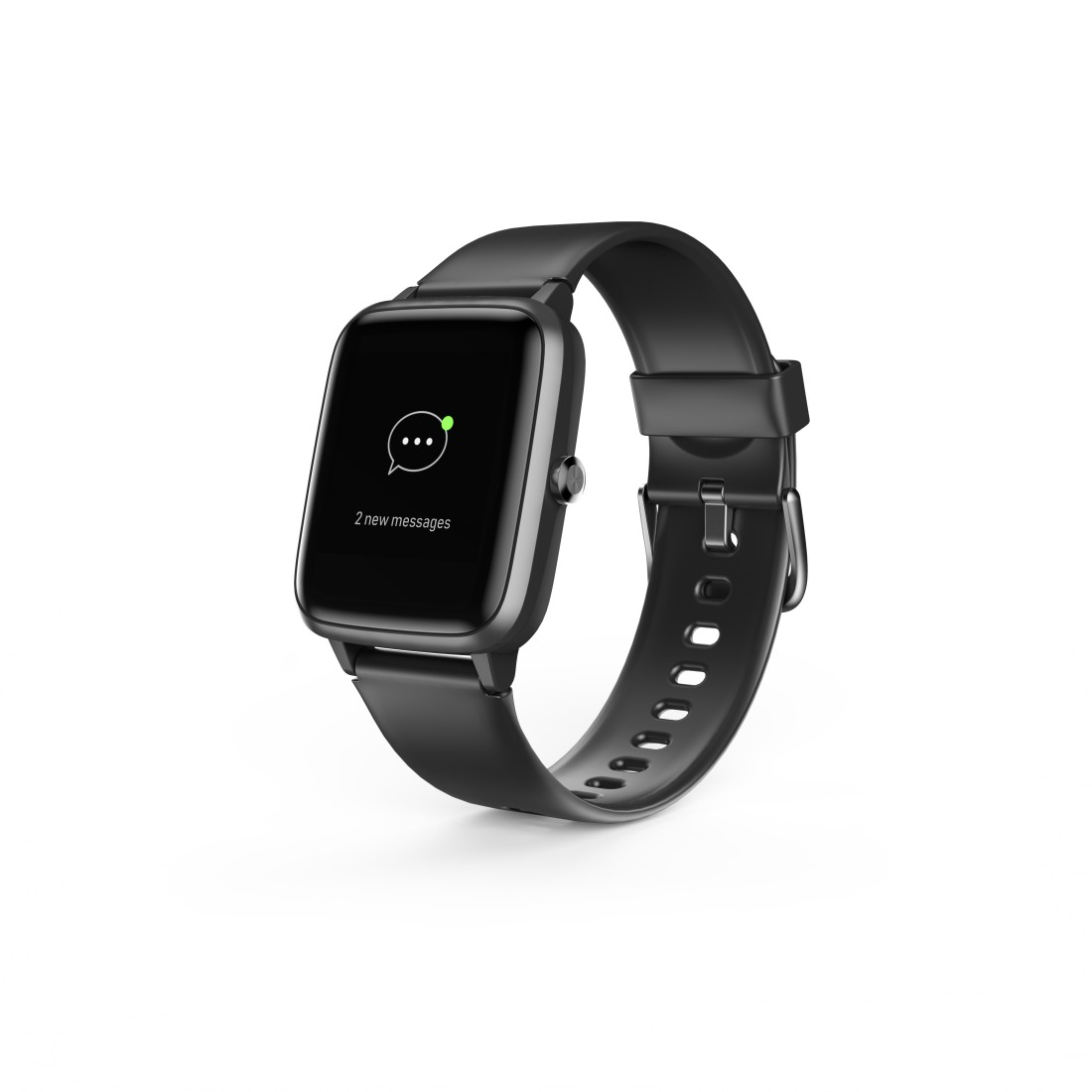 Schwarze Smartwatch mit schwarzem Armband und Anzeige von zwei neuen Nachrichten.