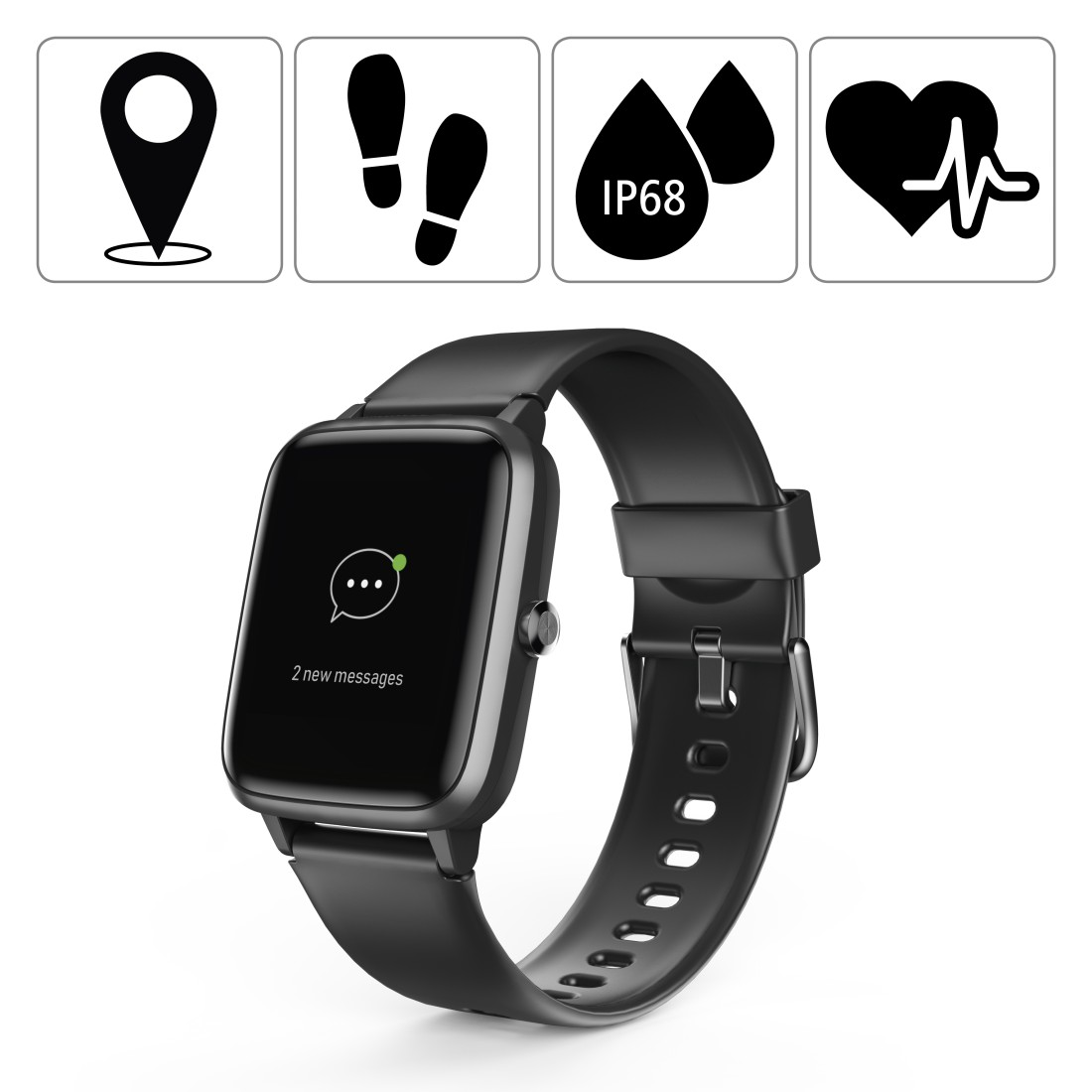 Schwarze Smartwatch mit Icons von Standort, Fußabdrücken, Wassertropfen und Herzschlag.