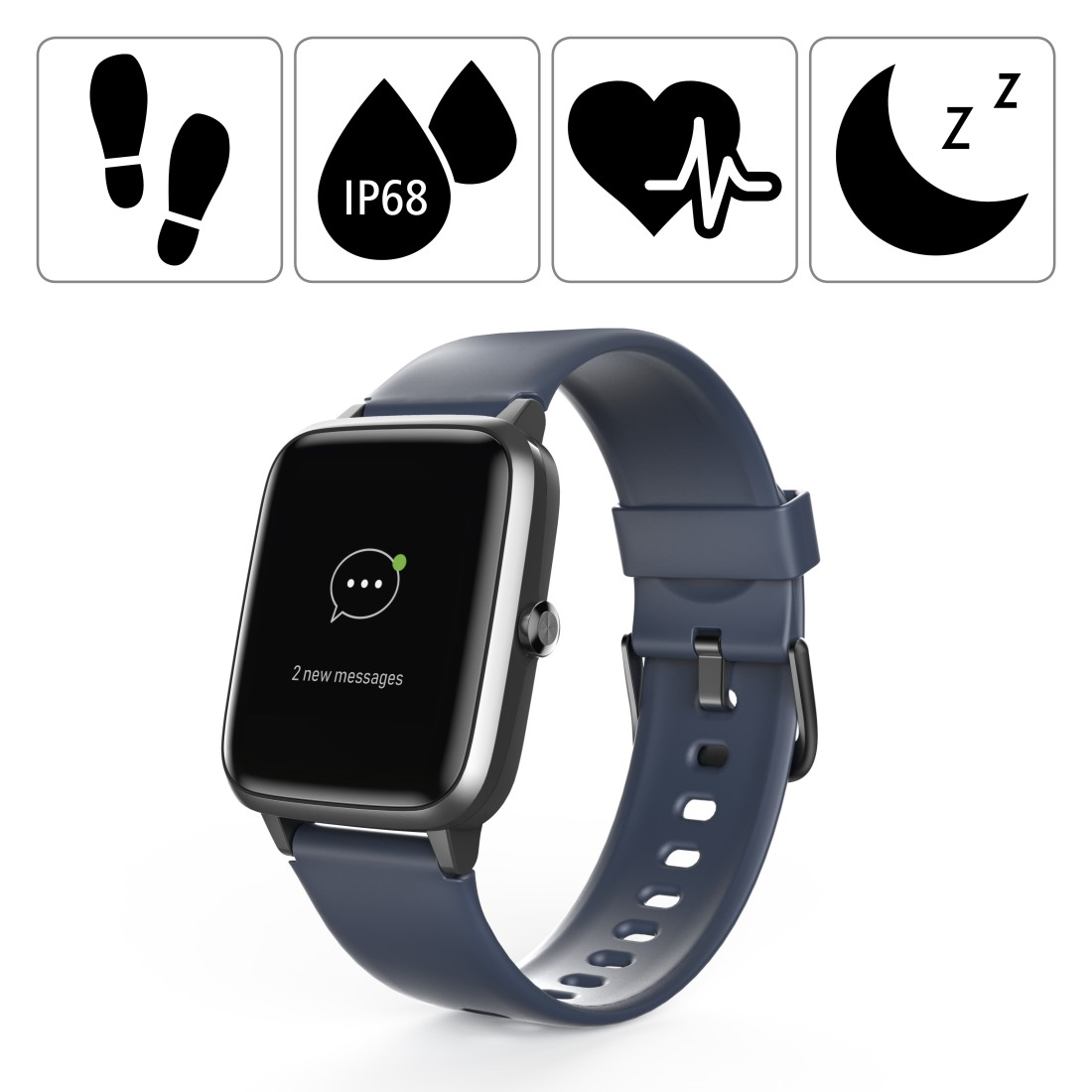 Eine blaue Smartwatch mit blauem Armband. Vier Symbole über der Uhr stehen für Aktivitäts-Tracking-Funktionen.