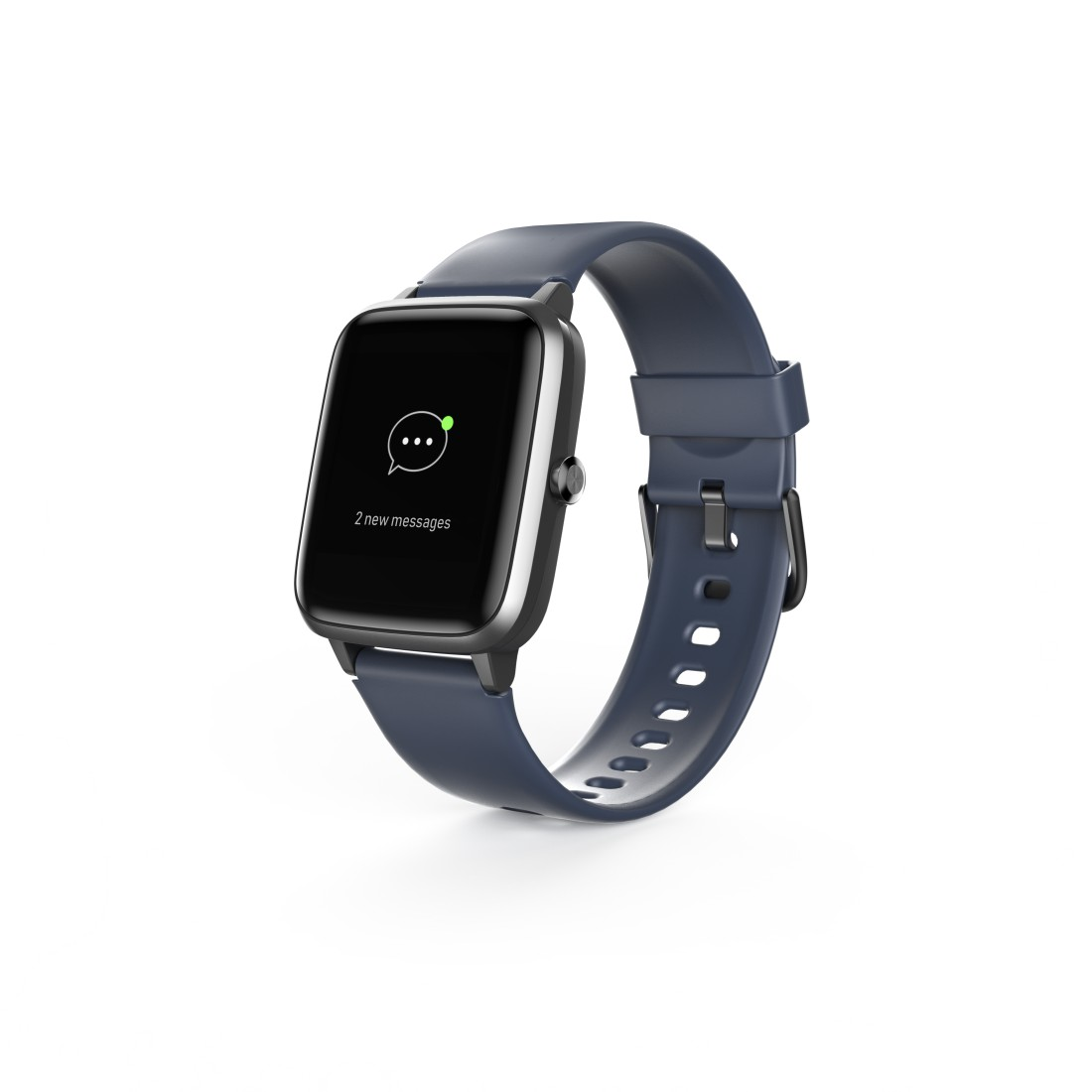 Marineblaue Smartwatch mit zwei neuen Nachrichten auf dem Bildschirm.
