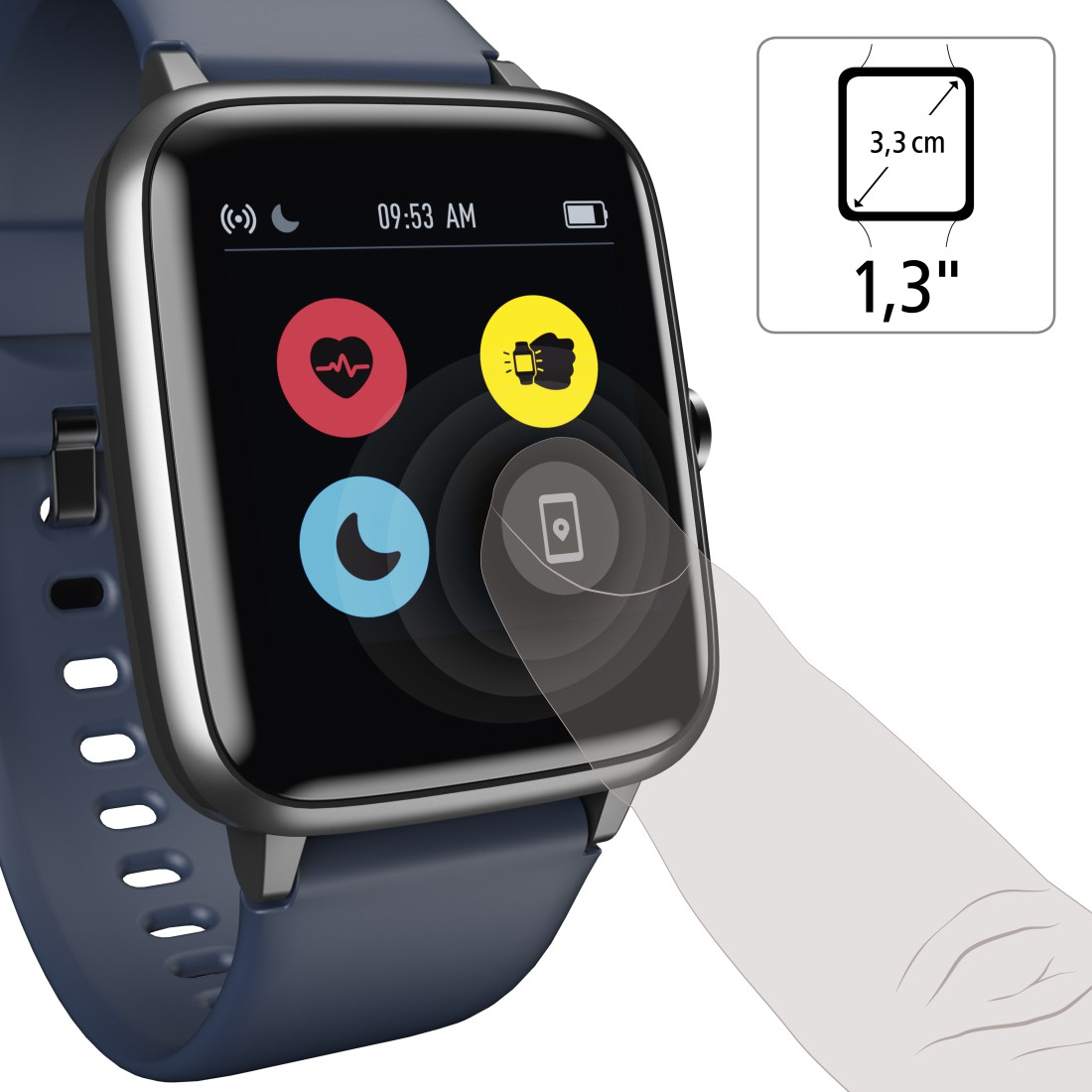 Smartwatch mit dunkelblauem Band. Die Uhr zeigt Symbole und die Uhrzeit an. Ein Finger berührt den Bildschirm.