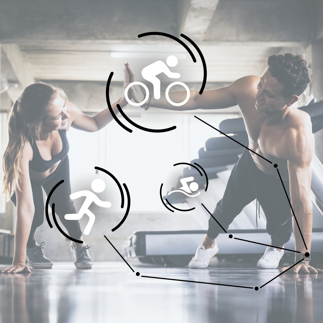 Leute geben High-Five mit Trainingssymbolen, die Aktivitäten darstellen.
