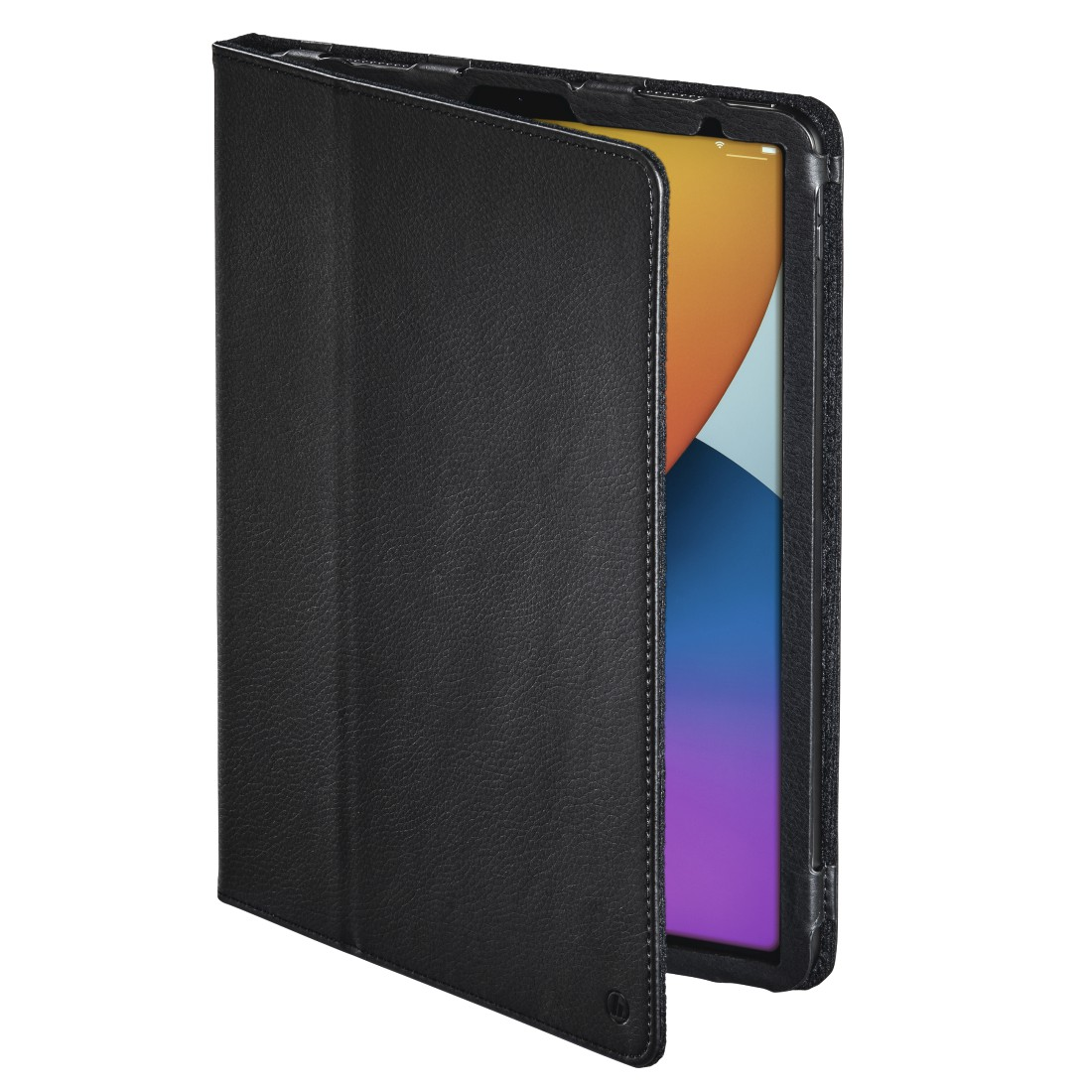 Schwarze Leder-Tablethülle, geöffnet, um einen iPad-Bildschirm freizugeben. Der iPad-Bildschirm ist sichtbar.