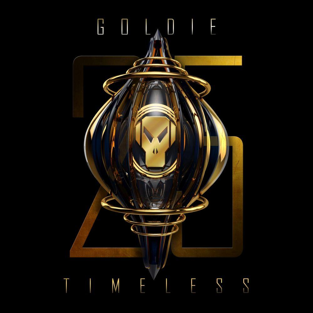 Albumhoes 'Goldie 25' met een zwart en goud abstract geometrisch ontwerp op een zwarte achtergrond.