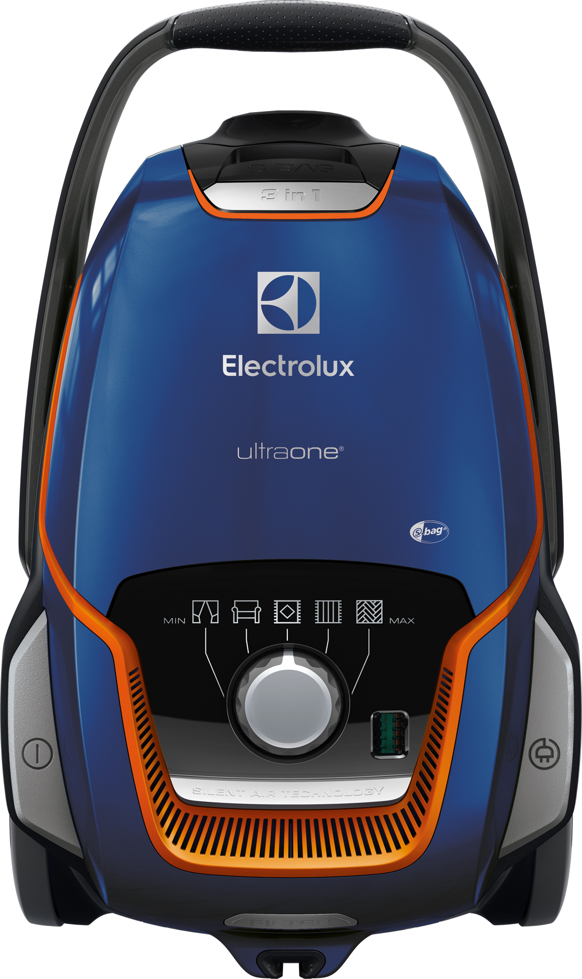 Mavi ve turuncu Electrolux Ultraone elektrikli süpürge. Kontrolleri ve torba simgesini gösterir.