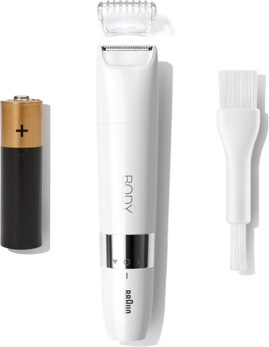 White body trimmer, battery, and brush, isolated on white. Braun brand.