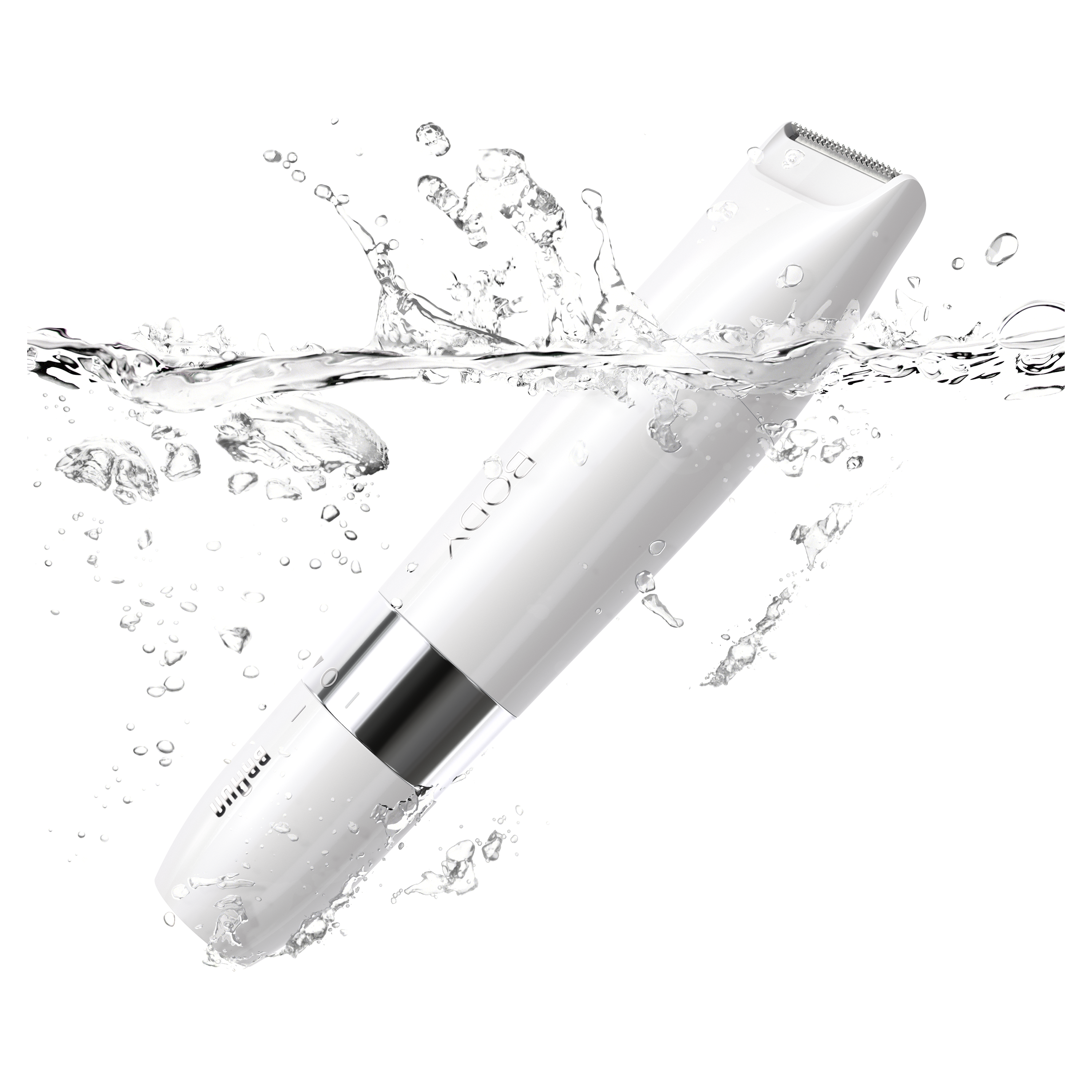 A white electric shaver submerged in water with bubbles and water splashes.