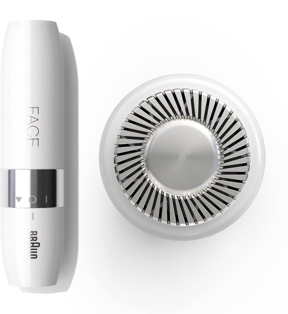 White Braun face epilator. Main unit with a small head, base unit. White background.