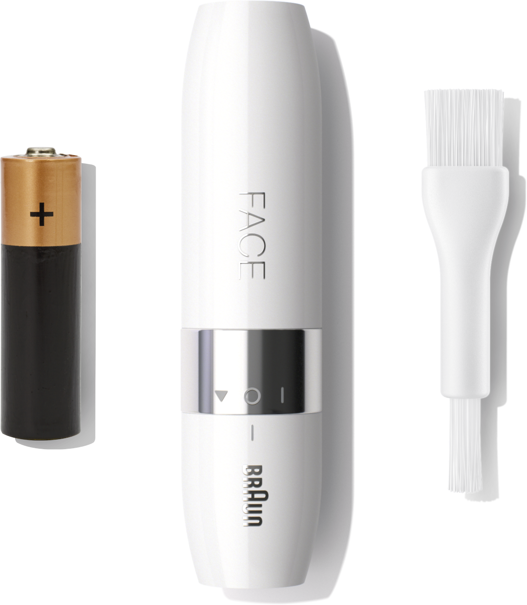 White face trimmer, battery, and cleaning brush. The trimmer has a silver band and the Braun logo.