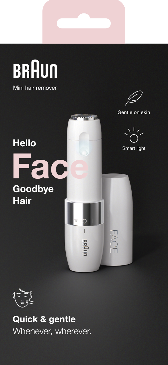 A Braun face mini hair remover. The packaging includes a picture of the device.