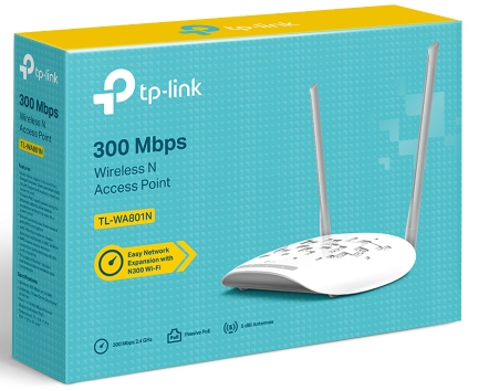 Boîte de routeur TP-Link blanche et bleue. Routeur et antennes visibles. Texte : '300 Mbps Wireless N'.