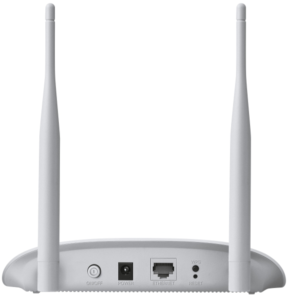 Un routeur blanc avec deux antennes, des ports d'alimentation, Ethernet et de réinitialisation. L'arrière fait face au spectateur.