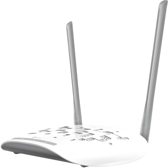Routeur blanc avec deux antennes grises. Design incurvé, surface supérieure à motifs.