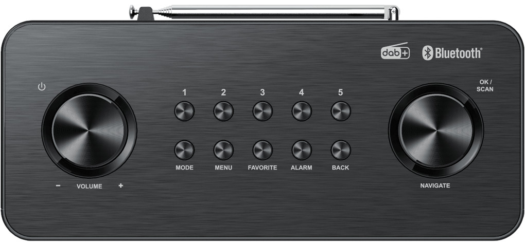 Zwarte stereo met knoppen, volumeknop en display. Zilveren antenne bovenop.
